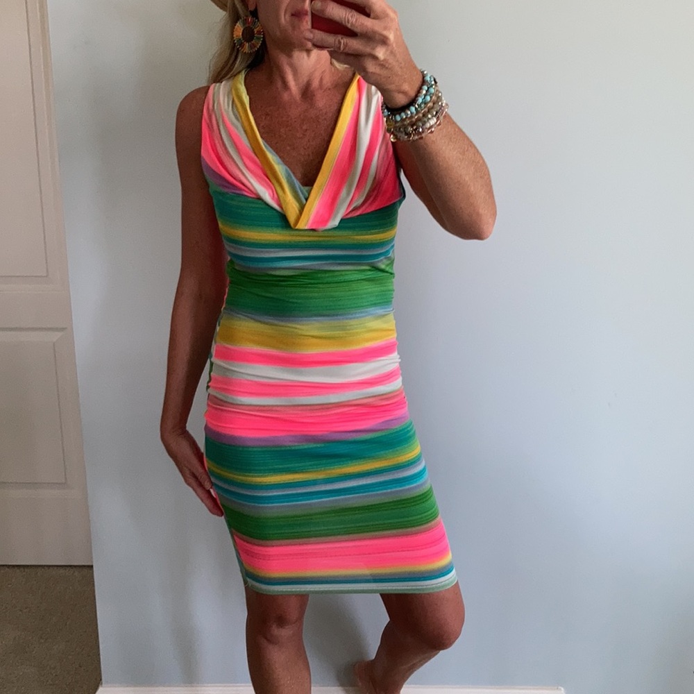 Striped, Draped Neck Fitted Dress - Picture 2 of 16